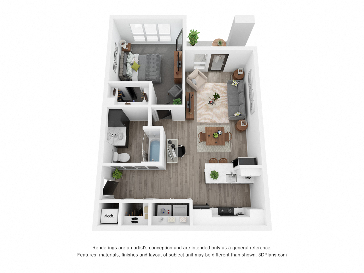 Floor plan for 1 bed, 1 bath, 772 sqft